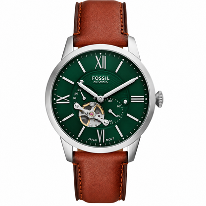 Fossil Townsman 44mm Open Heart Green Dial Leather Mens Automatic Watch ME3265