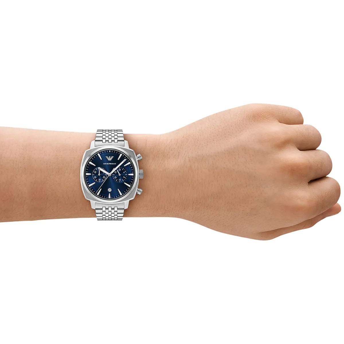 Emporio Armani Ruggero Silver Stainless Steel Navy Blue Dial Chronograph Quartz Watch for Gents - AR11688