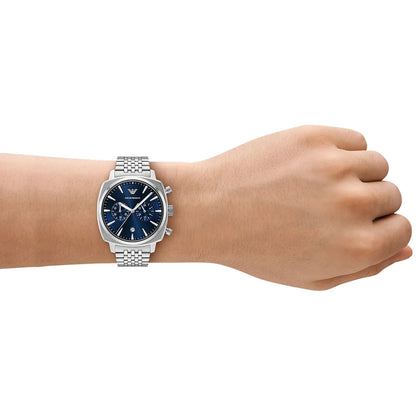 Emporio Armani Ruggero Silver Stainless Steel Navy Blue Dial Chronograph Quartz Watch for Gents - AR11688