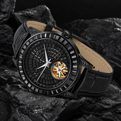 PINDU Men's Automatic Watch Mineral Glass Luminous Black Leather P5037