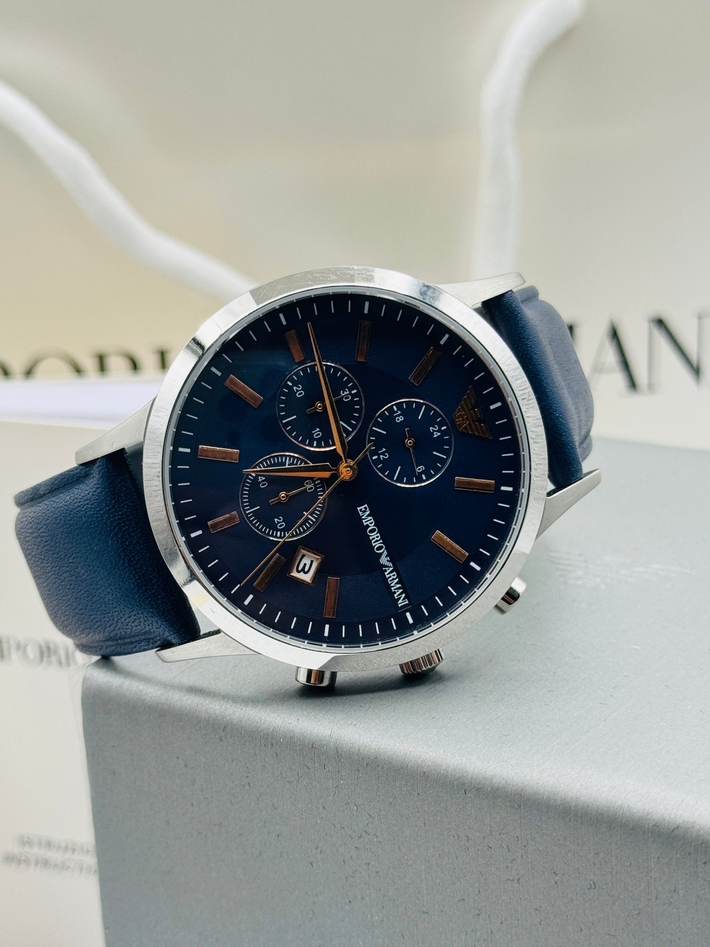 EMPORIO ARMANI Renato Blue Leather Strap Blue Dial Chronograph Quartz Watch for Gents - AR11216
