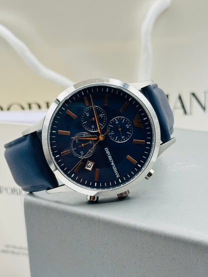 EMPORIO ARMANI Renato Blue Leather Strap Blue Dial Chronograph Quartz Watch for Gents - AR11216