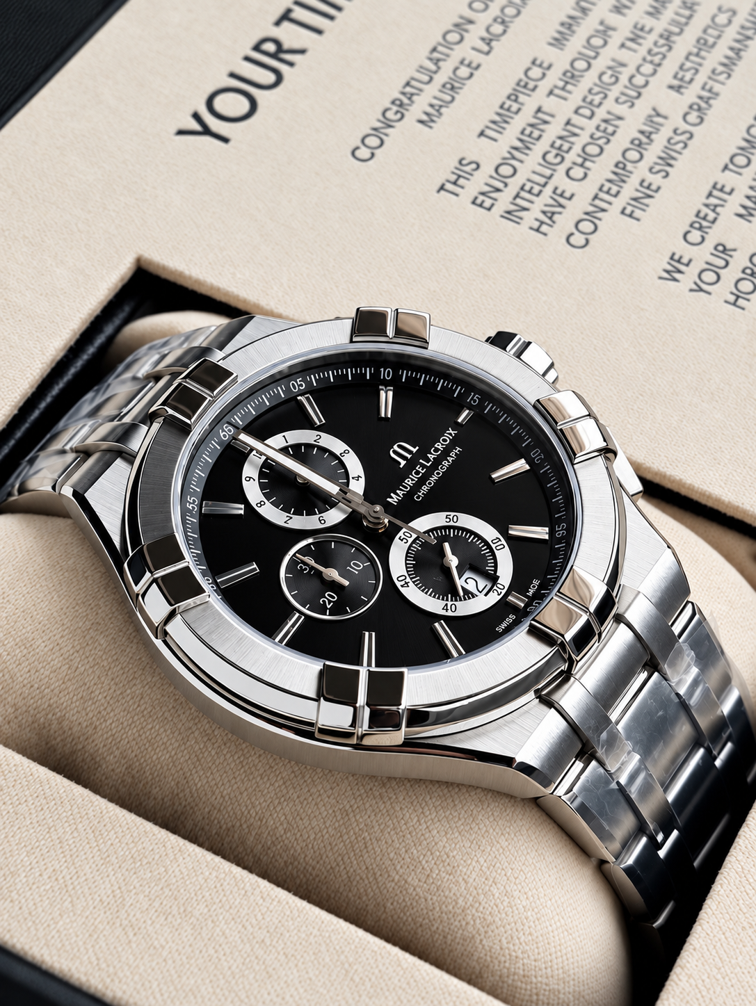 Maurice Lacroix Men’s Quartz Swiss Made Silver Stainless Steel Black Dial 44mm Watch AI1018-SS002-330-1