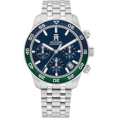 Tommy Hilfiger TH85 Mens Silver Tone Stainless Steel Quartz Chronograph Date Blue Dial Silver Stainless Steel Bracelet Watch