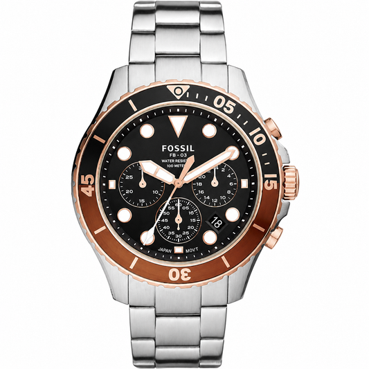 Fossil FB-03 Silver Stainless Steel Black Dial Chronograph Quartz Watch for Gents - FS5768