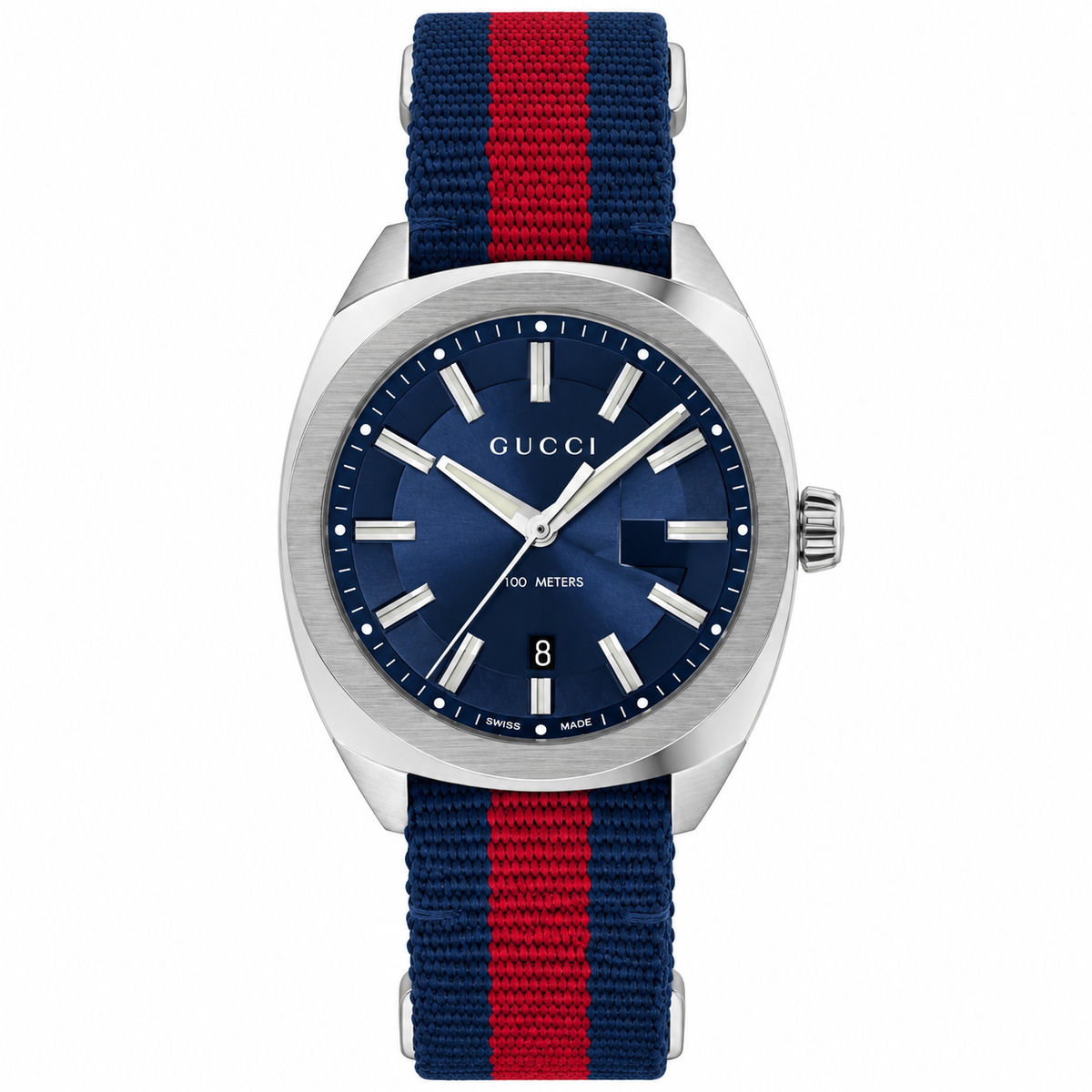 Gucci GG2570 Mens Silver Stainless Steel Quartz Blue Dial Blue/Red Nylon Strap Watch