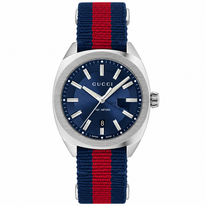 Gucci GG2570 Mens Silver Stainless Steel Quartz Blue Dial Blue/Red Nylon Strap Watch