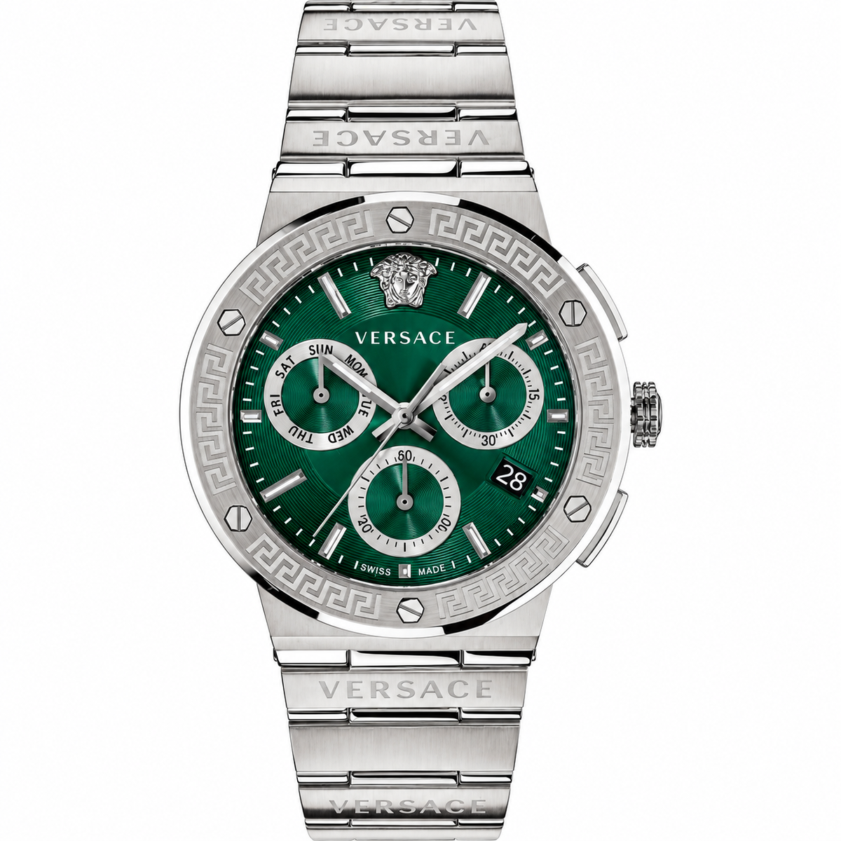 Versace Grace Logo Silver Stainless Steel Green Dial Chronograph Quartz Watch for Gents - VEZ900121