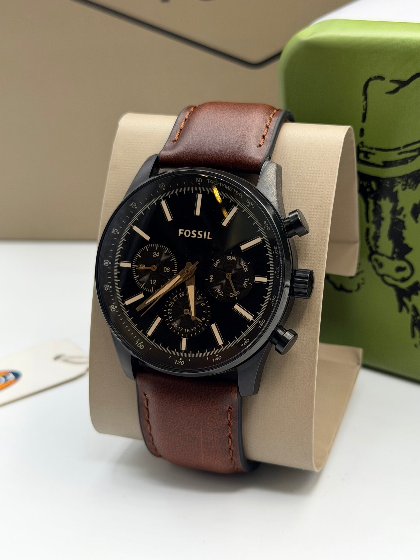 Fossil Men’s Chronograph Quartz Brown Leather Strap Black Dial 44mm Watch BQ2457 (Without Tag)