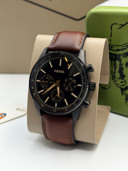 Fossil Men’s Chronograph Quartz Brown Leather Strap Black Dial 44mm Watch BQ2457 (Without Tag)