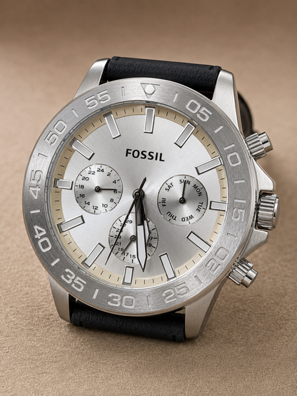 Fossil Bannon Multifunction Silver 45mm Stainless Steel Silver Dial Chronograph Quartz Watch for Gents - BQ2490