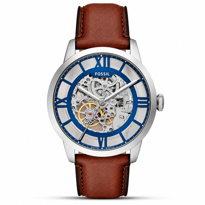 Fossil Townsman 44mm Skeleton Silver Dial Leather Mens Automatic Watch ME3267