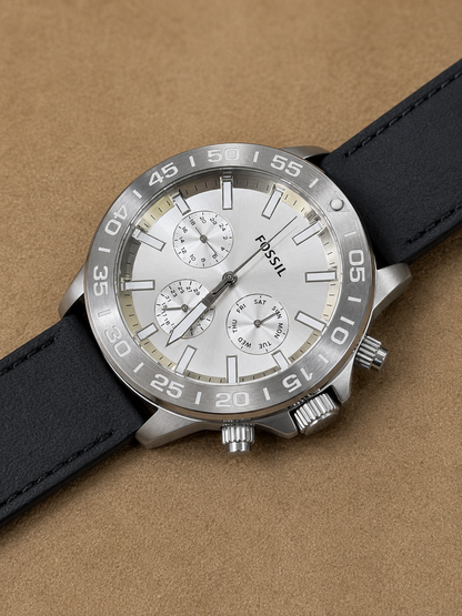 Fossil Bannon Multifunction Silver 45mm Stainless Steel Silver Dial Chronograph Quartz Watch for Gents - BQ2490