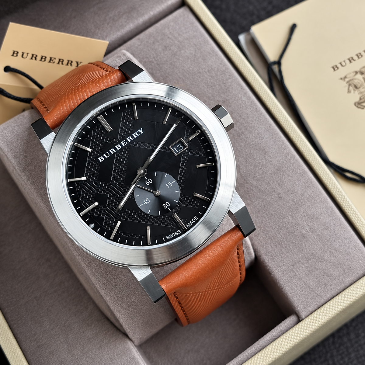 Burberry Brown Leather Strap Black Dial Quartz Watch for Gents - BU9905