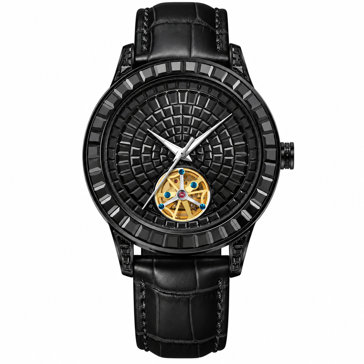 PINDU Men's Automatic Watch Mineral Glass Luminous Black Leather P5037