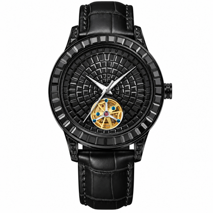 PINDU Men's Automatic Watch Mineral Glass Luminous Black Leather P5037