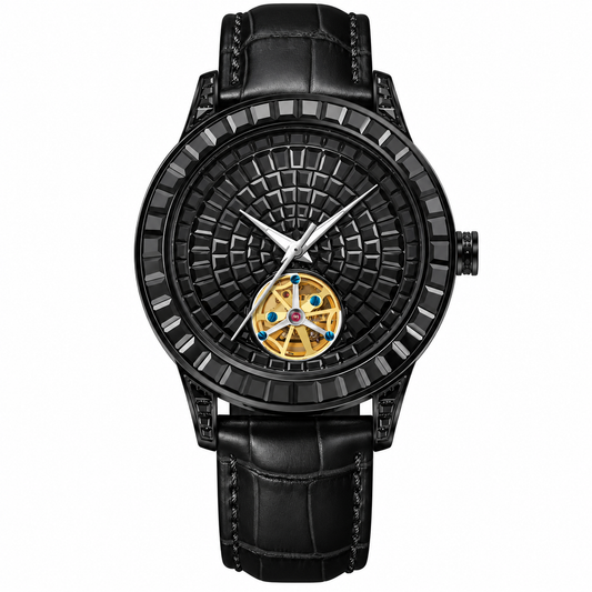 PINDU Men's Automatic Watch Mineral Glass Luminous Black Leather P5037