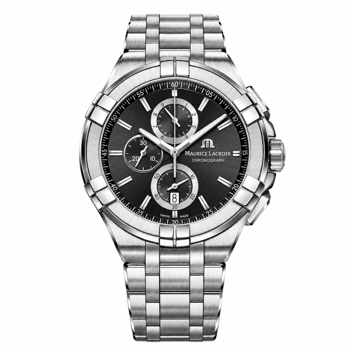 Maurice Lacroix Men’s Quartz Swiss Made Silver Stainless Steel Black Dial 44mm Watch AI1018-SS002-330-1