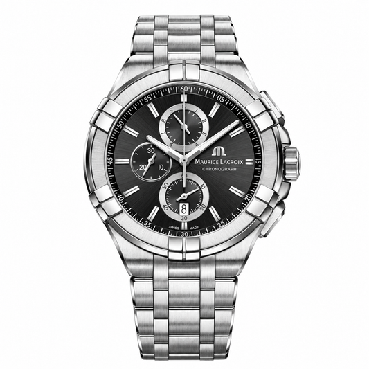 Maurice Lacroix Men’s Quartz Swiss Made Silver Stainless Steel Black Dial 44mm Watch AI1018-SS002-330-1