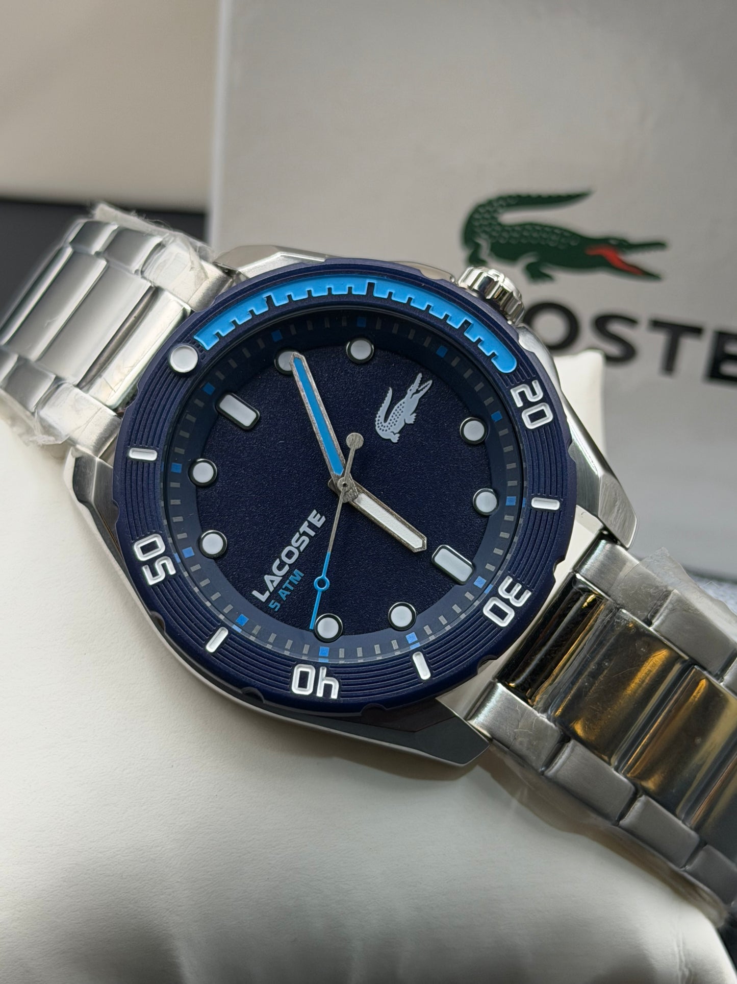 Lacoste Finn Mens Silver Stainless Steel Quartz Dark Blue Dial Silver Stainless Steel Bracelet Watch