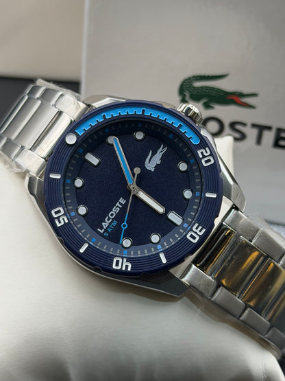Lacoste Finn Mens Silver Stainless Steel Quartz Dark Blue Dial Silver Stainless Steel Bracelet Watch