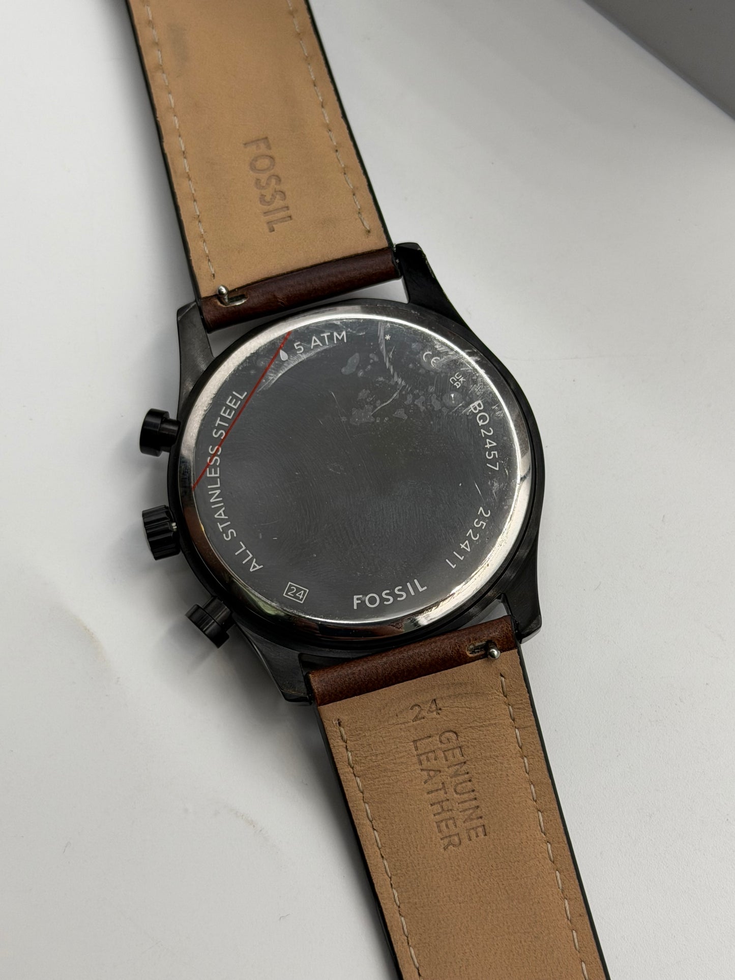 Fossil Men’s Chronograph Quartz Brown Leather Strap Black Dial 44mm Watch BQ2457 (Without Tag)