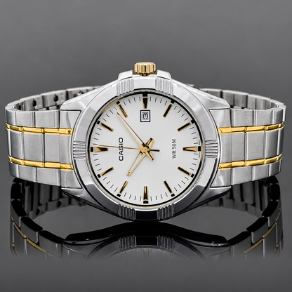 Casio Two-Tone Stainless Steel Analog Watch – White Dial, Gold Markers & Date Displa