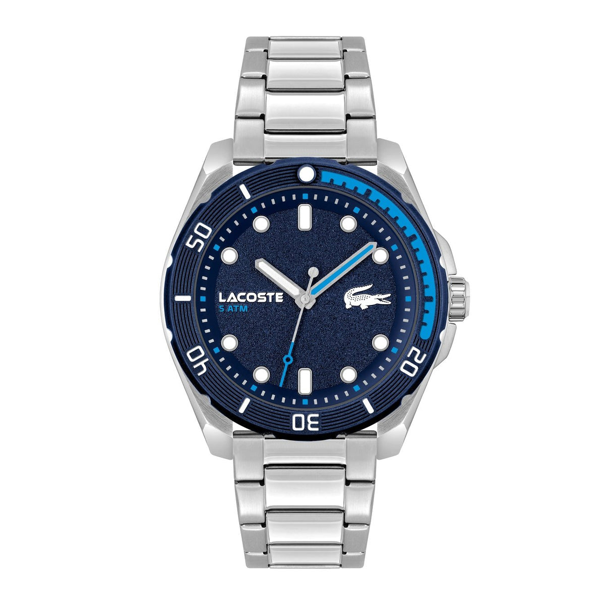 Lacoste Finn Mens Silver Stainless Steel Quartz Dark Blue Dial Silver Stainless Steel Bracelet Watch