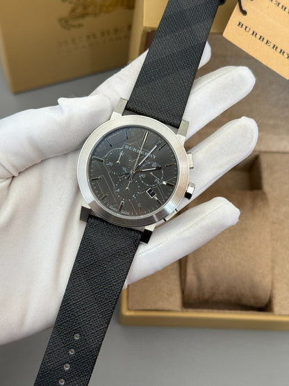 Burberry Black Leather Strap Grey Dial Chronograph Quartz Watch for Gents - BU9362
