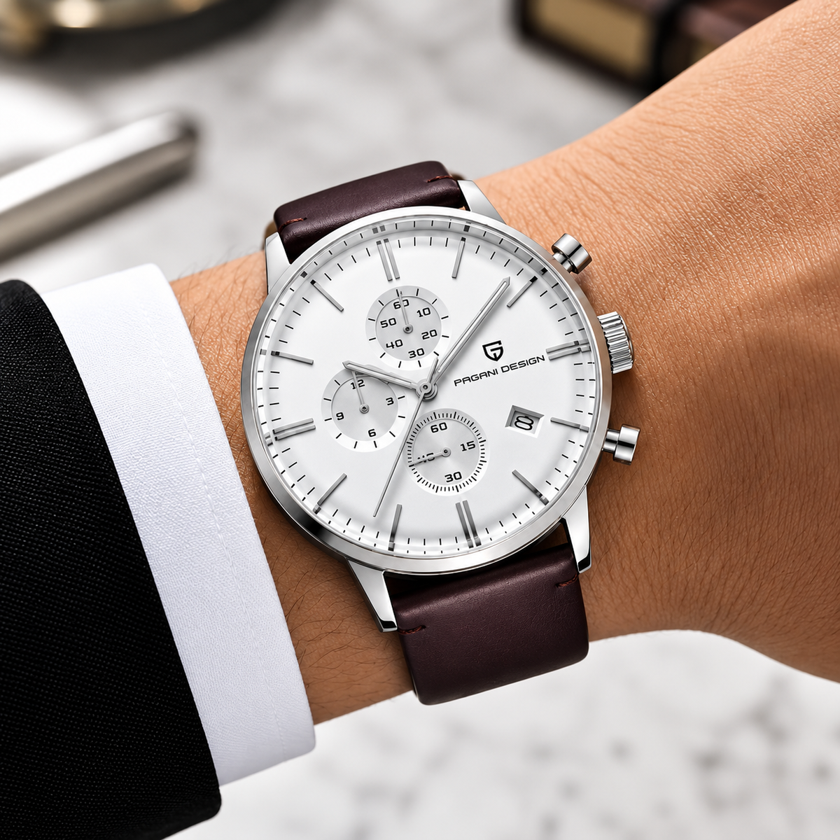 Pagani Design Brown Leather Strap White Dial Chronograph Quartz Watch for Gents - PD2720K