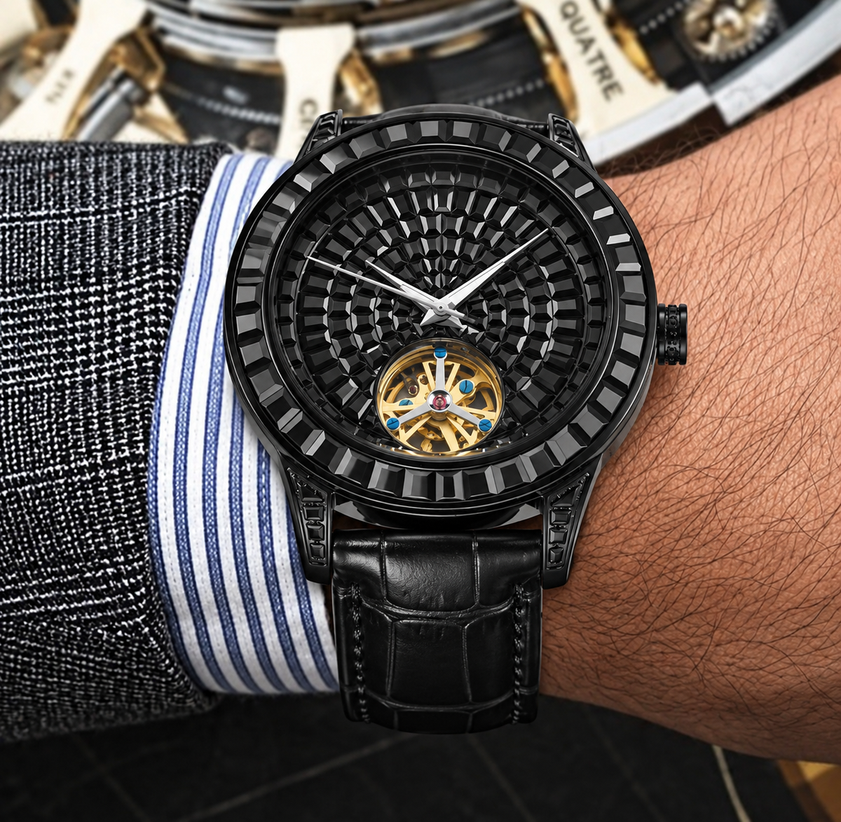 PINDU Men's Automatic Watch Mineral Glass Luminous Black Leather P5037