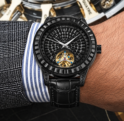 PINDU Men's Automatic Watch Mineral Glass Luminous Black Leather P5037