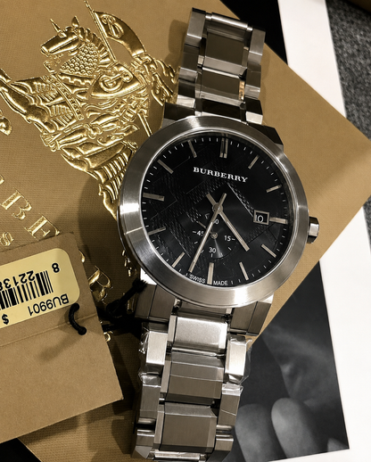 Burberry The City Silver Stainless Steel Black Dial Quartz Watch for Gents - BU9901