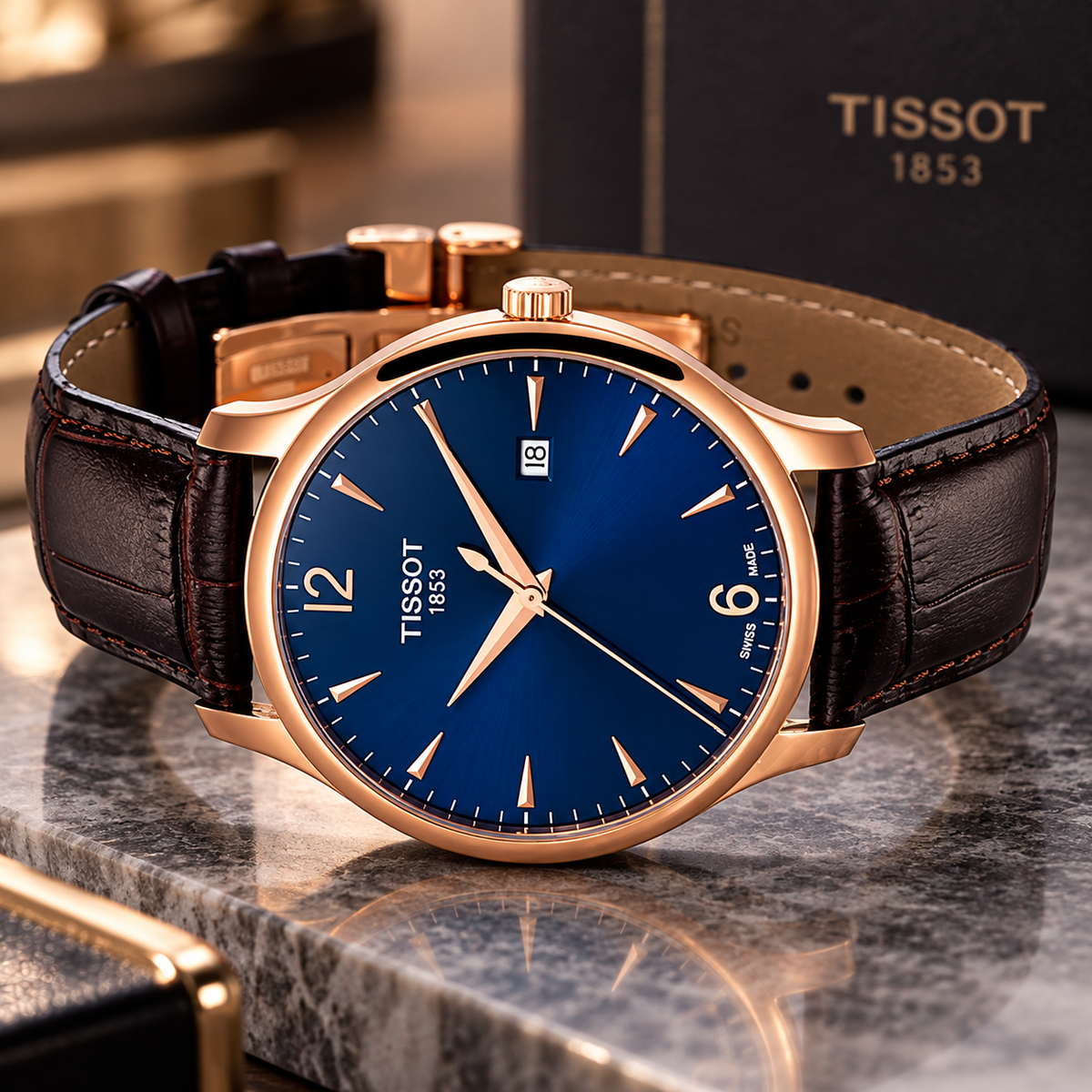 Tissot Tradition Brown Leather Strap Blue Dial Quartz Watch for Men's - T063.610.36.047.00
