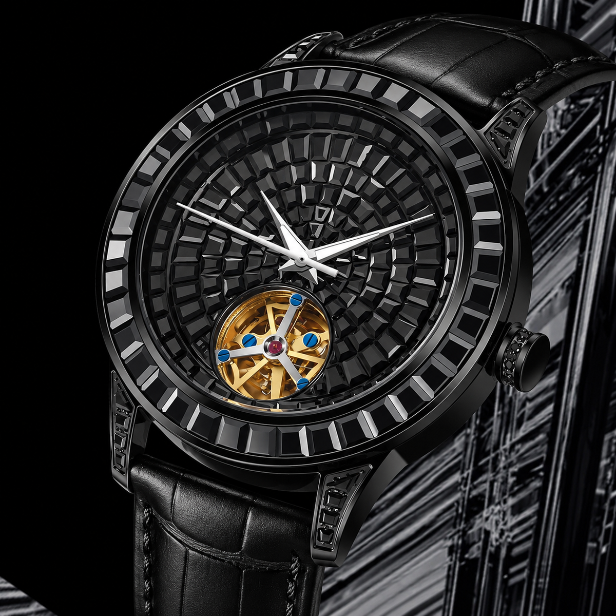 PINDU Men's Automatic Watch Mineral Glass Luminous Black Leather P5037