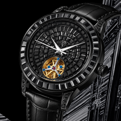 PINDU Men's Automatic Watch Mineral Glass Luminous Black Leather P5037
