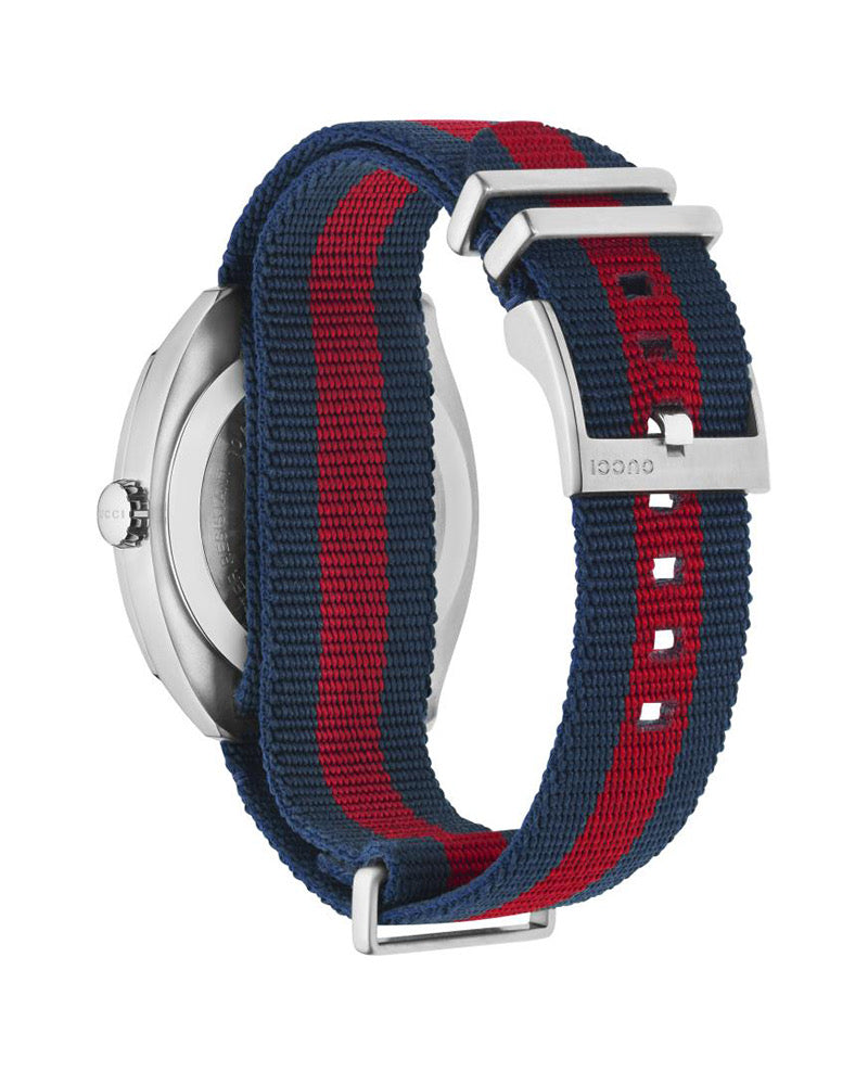 Gucci GG2570 Mens Silver Stainless Steel Quartz Blue Dial Blue/Red Nylon Strap Watch