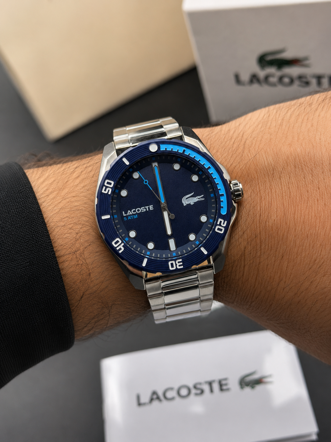 Lacoste Finn Mens Silver Stainless Steel Quartz Dark Blue Dial Silver Stainless Steel Bracelet Watch