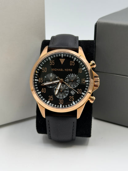 Michael Kors Gage Black Leather Strap Black Dial Chronograph Quartz Watch for Gents - MK8535
