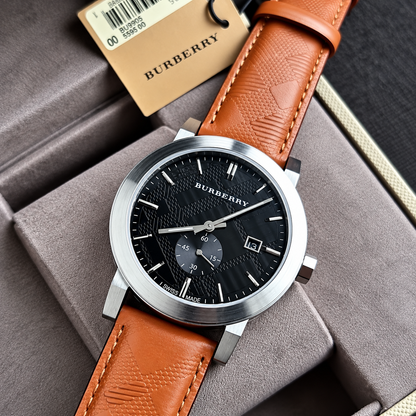 Burberry Brown Leather Strap Black Dial Quartz Watch for Gents - BU9905