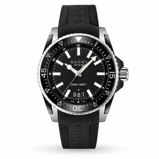 Gucci Dive Stainless Steel Black Rubber Strap Watch YA136204A