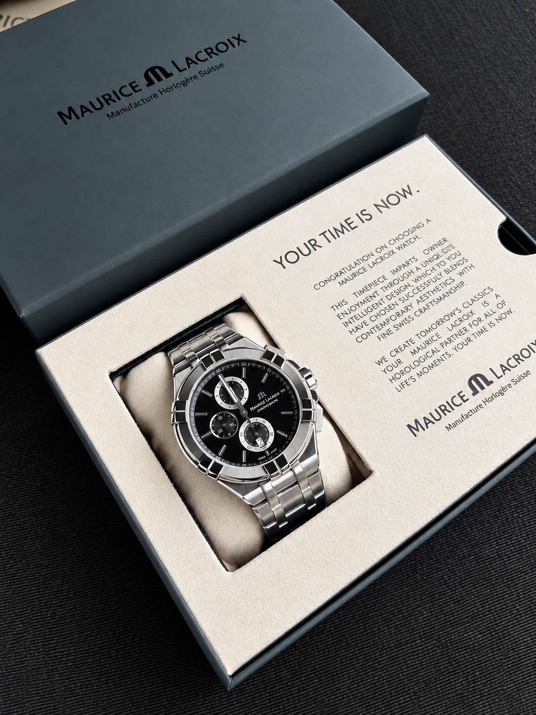 Maurice Lacroix Men’s Quartz Swiss Made Silver Stainless Steel Black Dial 44mm Watch AI1018-SS002-330-1