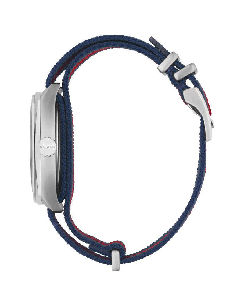 Gucci GG2570 Mens Silver Stainless Steel Quartz Blue Dial Blue/Red Nylon Strap Watch