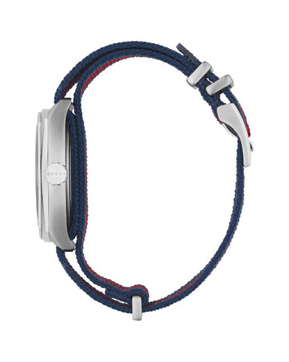Gucci GG2570 Mens Silver Stainless Steel Quartz Blue Dial Blue/Red Nylon Strap Watch