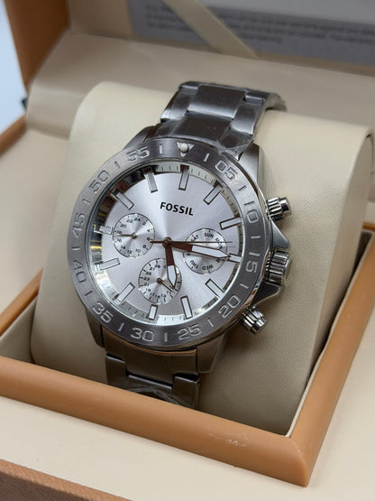 Fossil Bannon Multifunction Silver 45mm Stainless Steel Silver Dial Chronograph Quartz Watch for Gents - BQ2490
