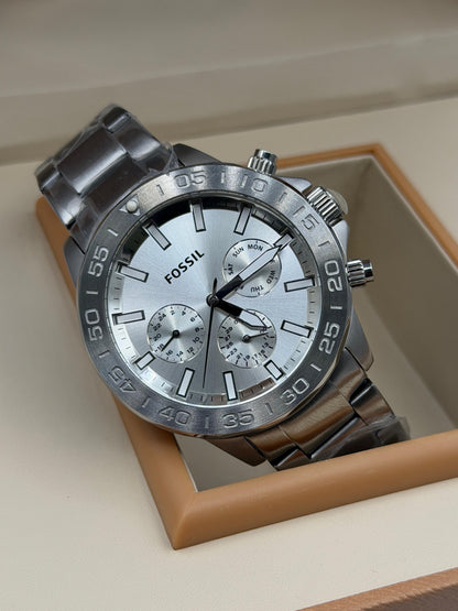 Fossil Bannon Multifunction Silver 45mm Stainless Steel Silver Dial Chronograph Quartz Watch for Gents - BQ2490